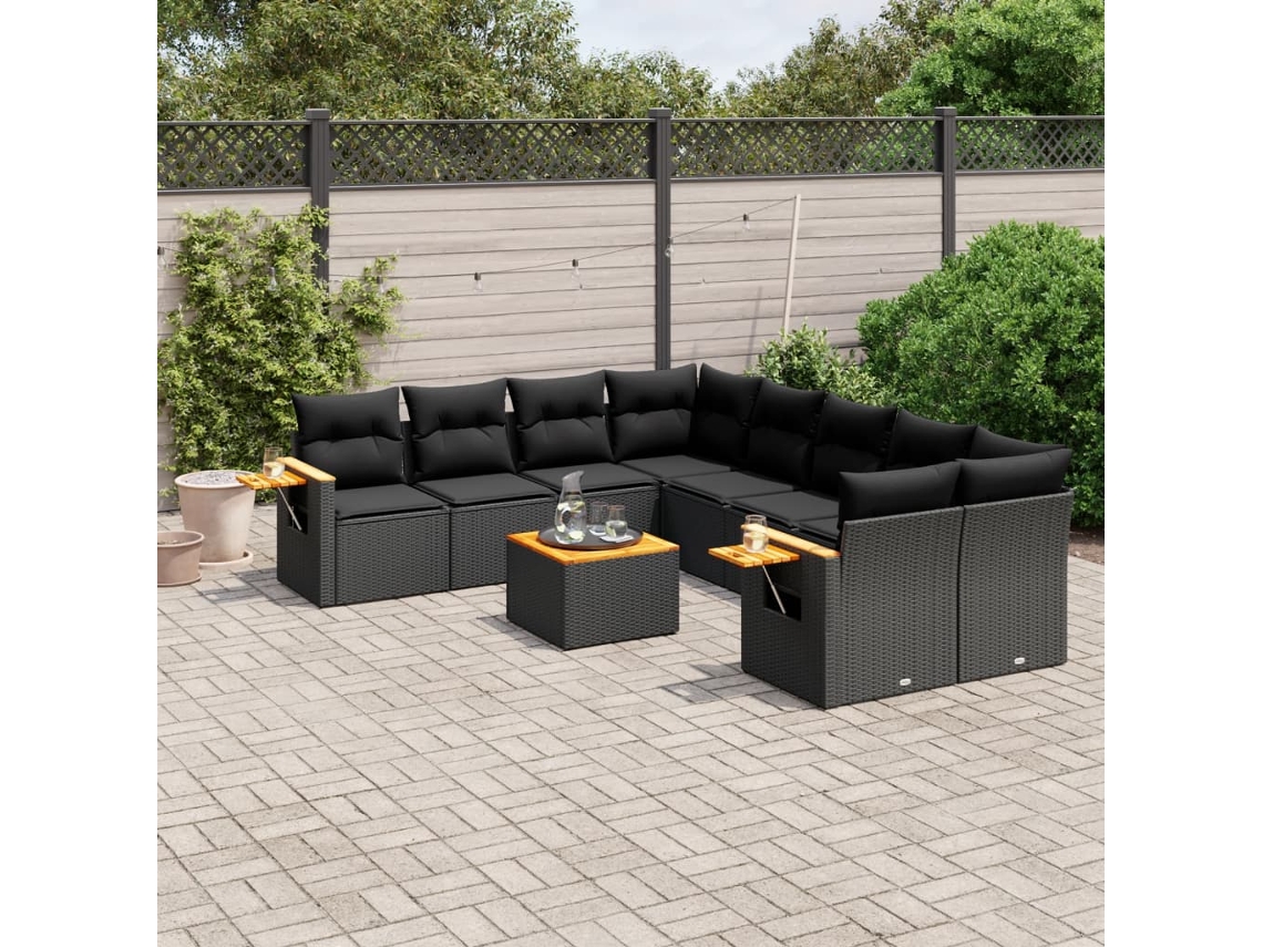 9 Pcs Conjunto De Sofás P/ Jardim C/ Almofadões Vime Pe Preto Dkd Home Decor