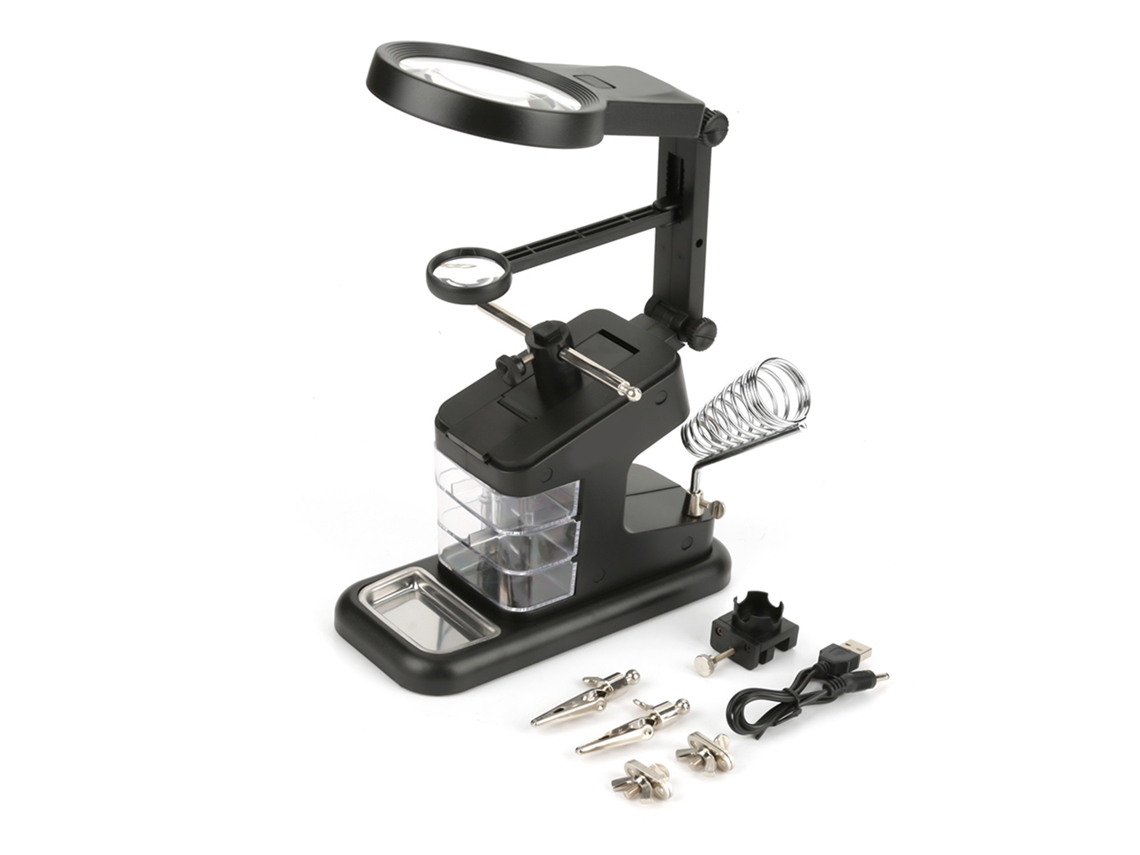 Estación De Soldadura Eléctrica Usb Con Lupa 3x/4.5x/25x, Luces Led Y Pinzas De Tablero (negro)