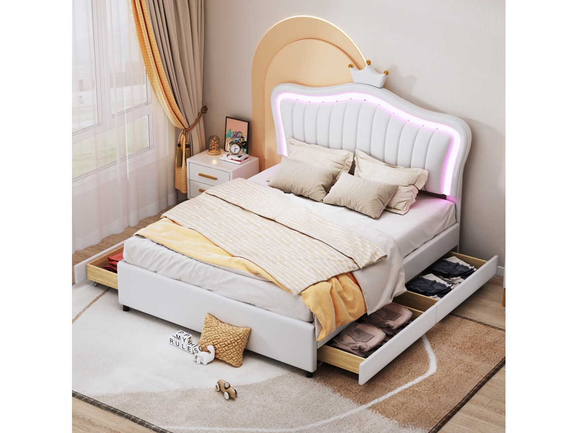 Cama Infantil Princesa Branca 140x200cm, Pu, Led, Gavetas, Ripas.-op