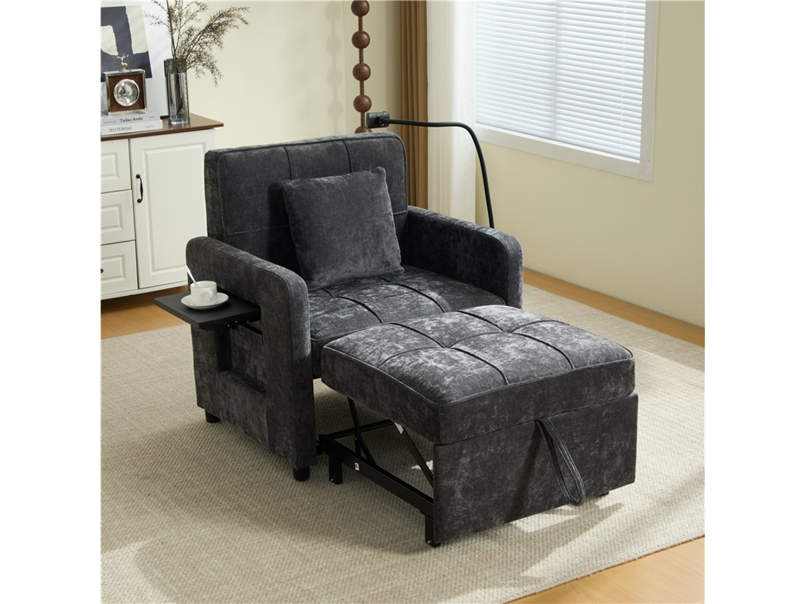 Poltrona Cama 2 em 1 Sofá Cama Individual Mesa Bolso Cinza VELTRIX