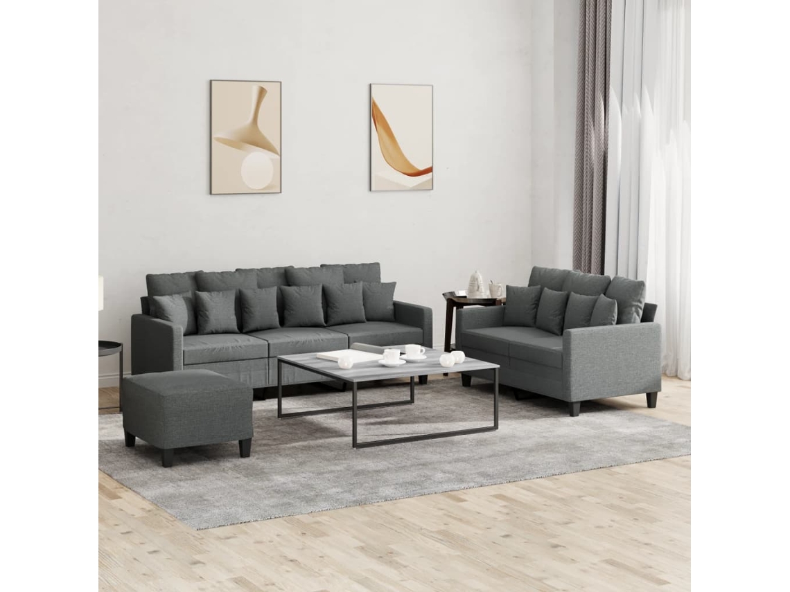 Vidaxl 3 Pcs Conjunto De Sofás Com Almofadões Tecido Cinzento-escuro