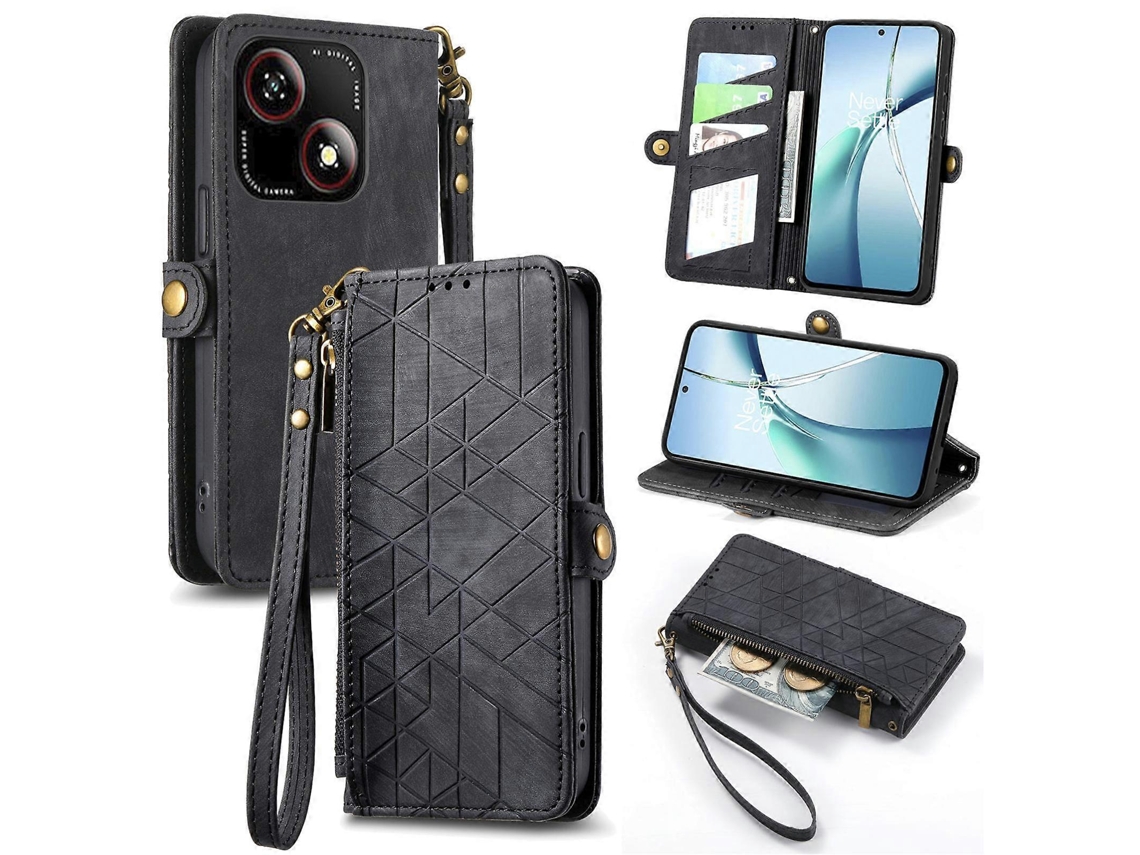 Capa De Celular De Couro Com Zíper Geométrico E Fivela Lateral