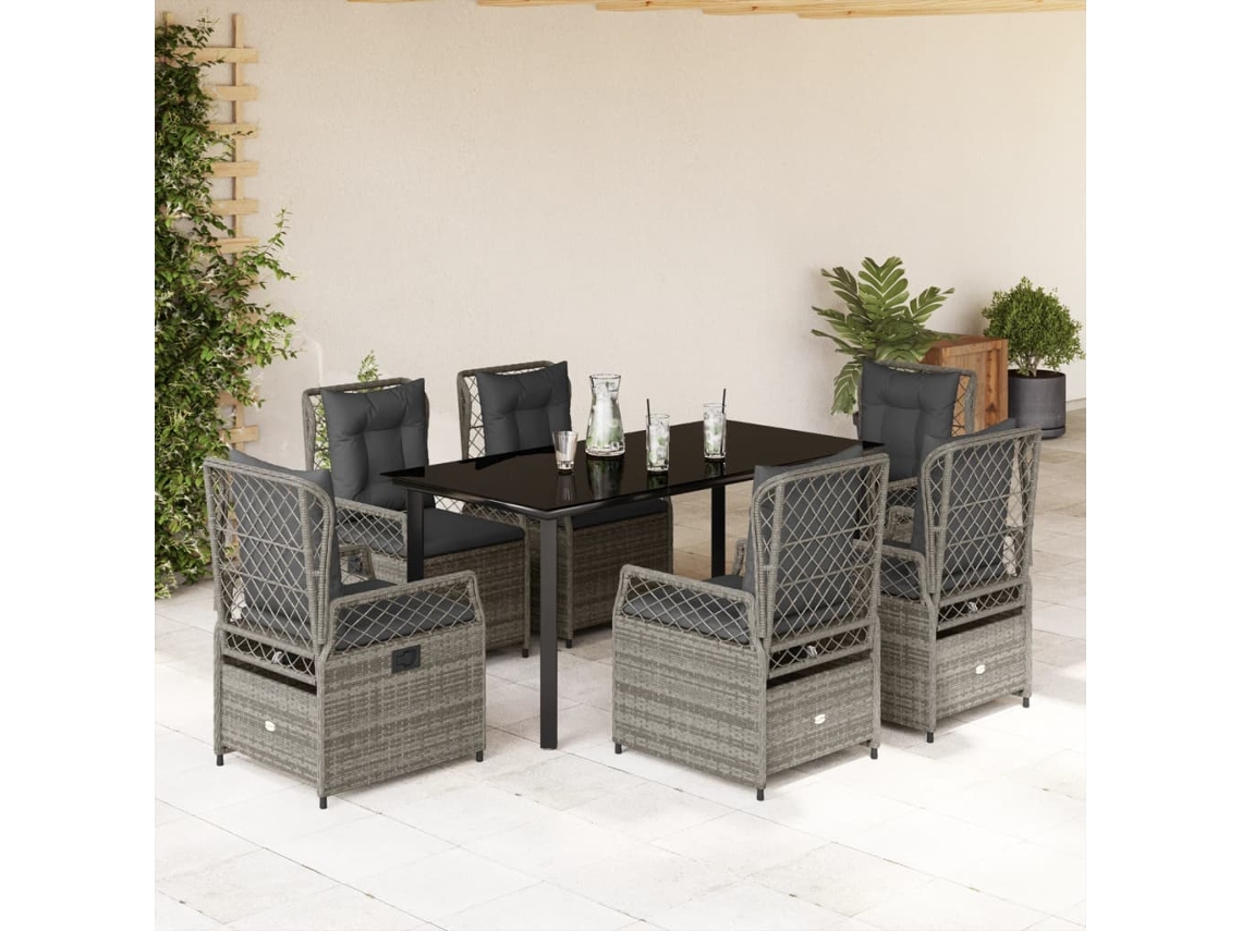 Vidaxl 7 Pcs Conjunto De Jantar P/ Jardim C/ Almofadões Vime Pe Cinza