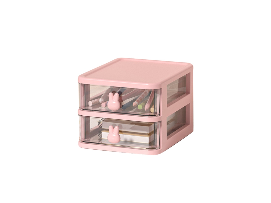 Caja de Armazenamento para Escritório com Gavetas Transparentes de Plástico, Alça de Coelho, 2 Níveis , Rosa, Grande Capacidade (13,4x17x11cm)