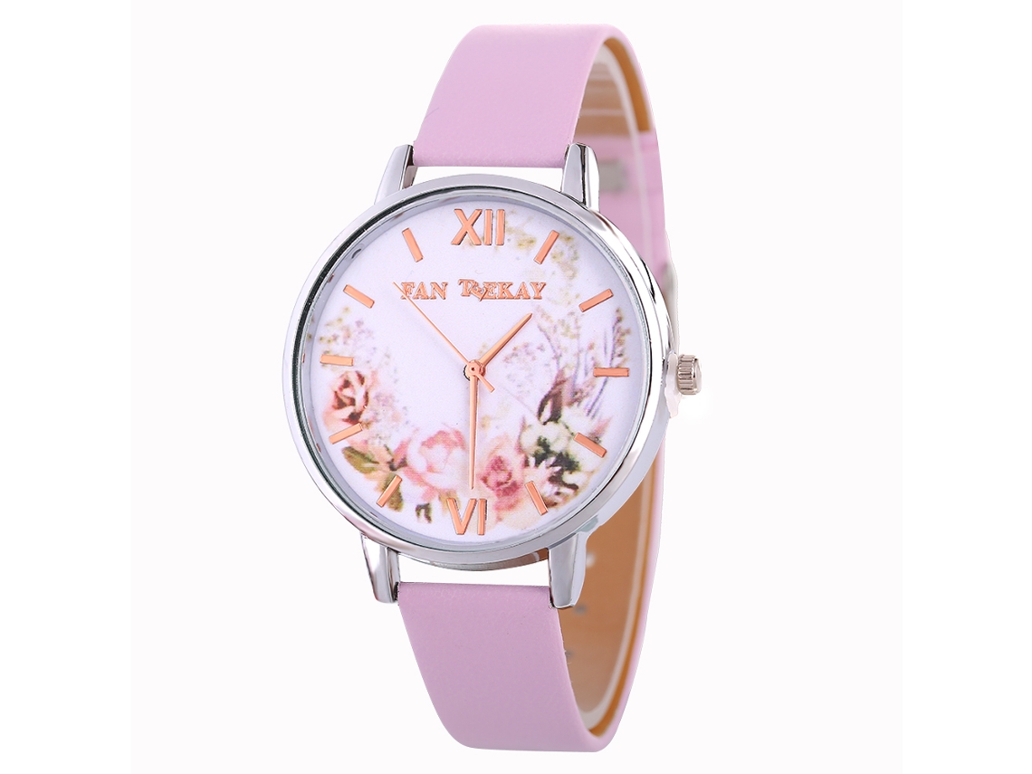 Relógio de Pulso Feminino de Quartzo com Pulseira de Couro Pu Estilo Simples Rosa