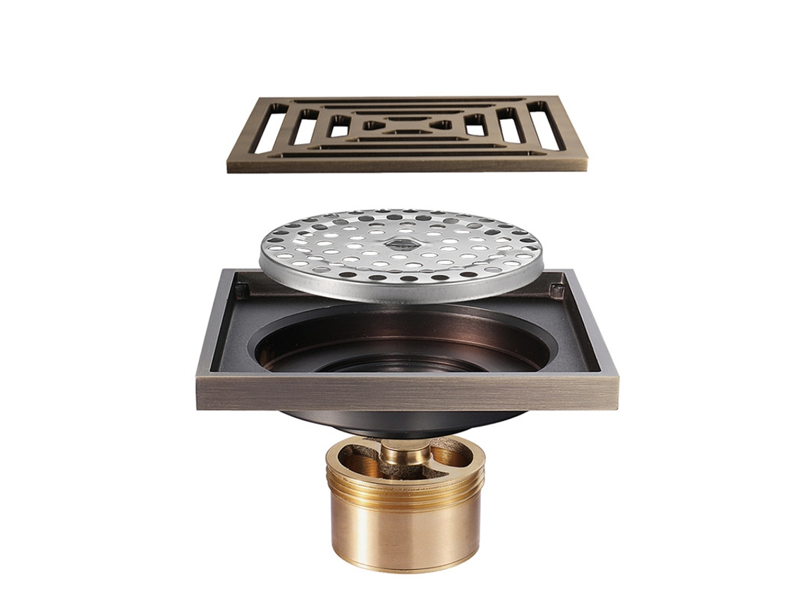 Ralo de Piso Comum para Banheiro e Chuveiro em Latão Bronze Antigo, Ralo de Piso Comum para Pia de Banheiro Familiar, 10×10cm X001