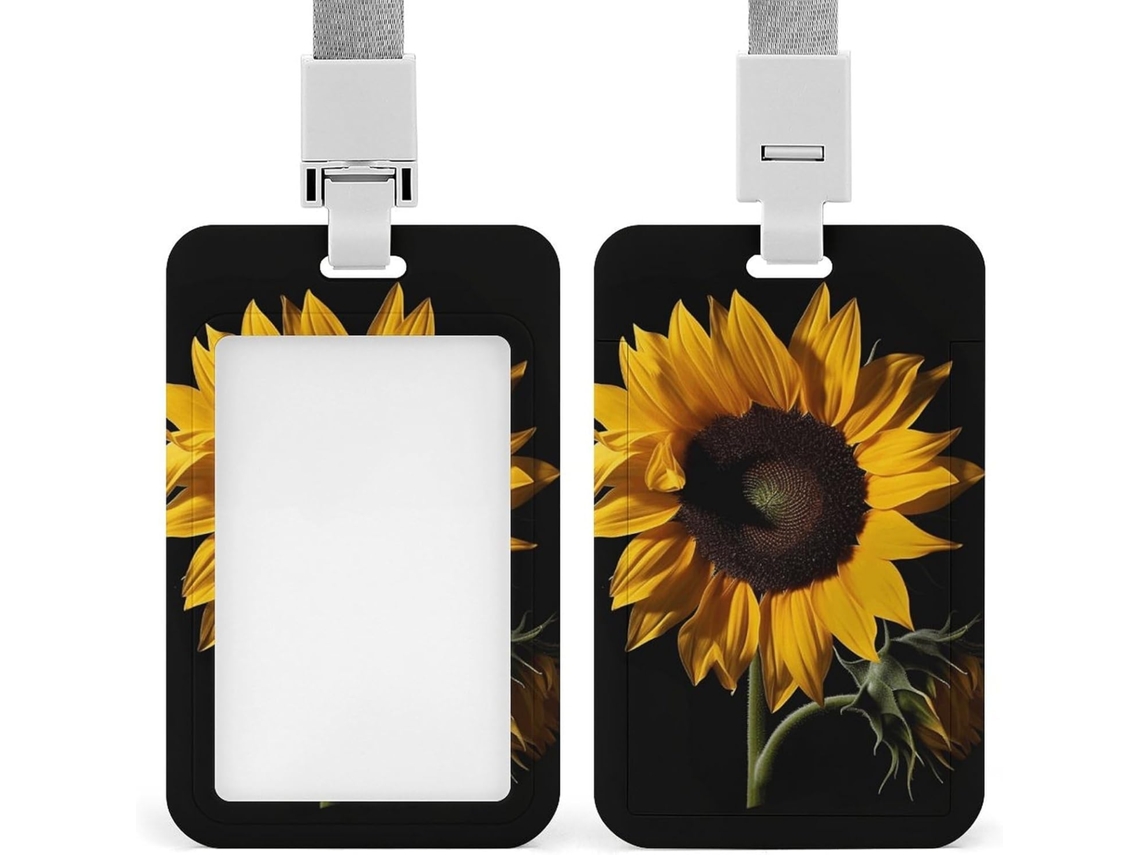 Porta-cartões com estampa de girassol, fundo marrom, suporte vertical com cordão, protetor de cartão à prova de água