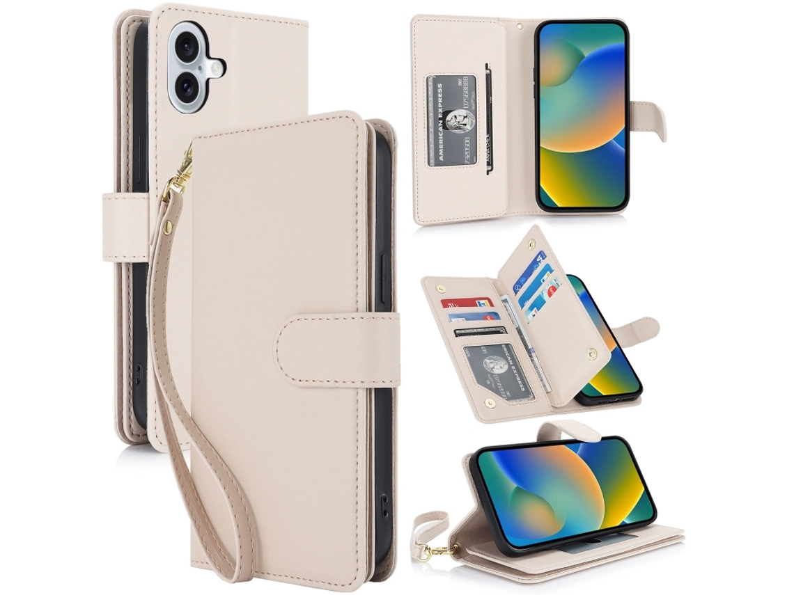 Capa Carteira De Couro Para Iphone 16 Plus - Com Rfid - Para Vários Cartões