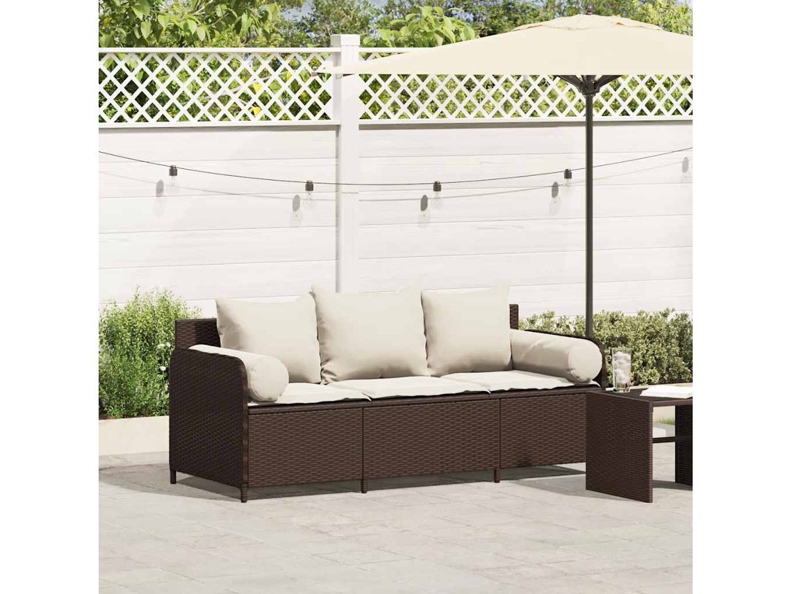 Vidaxl Sofá De Jardim Com Almofadões 3 Lugares Vime Pe Castanho
