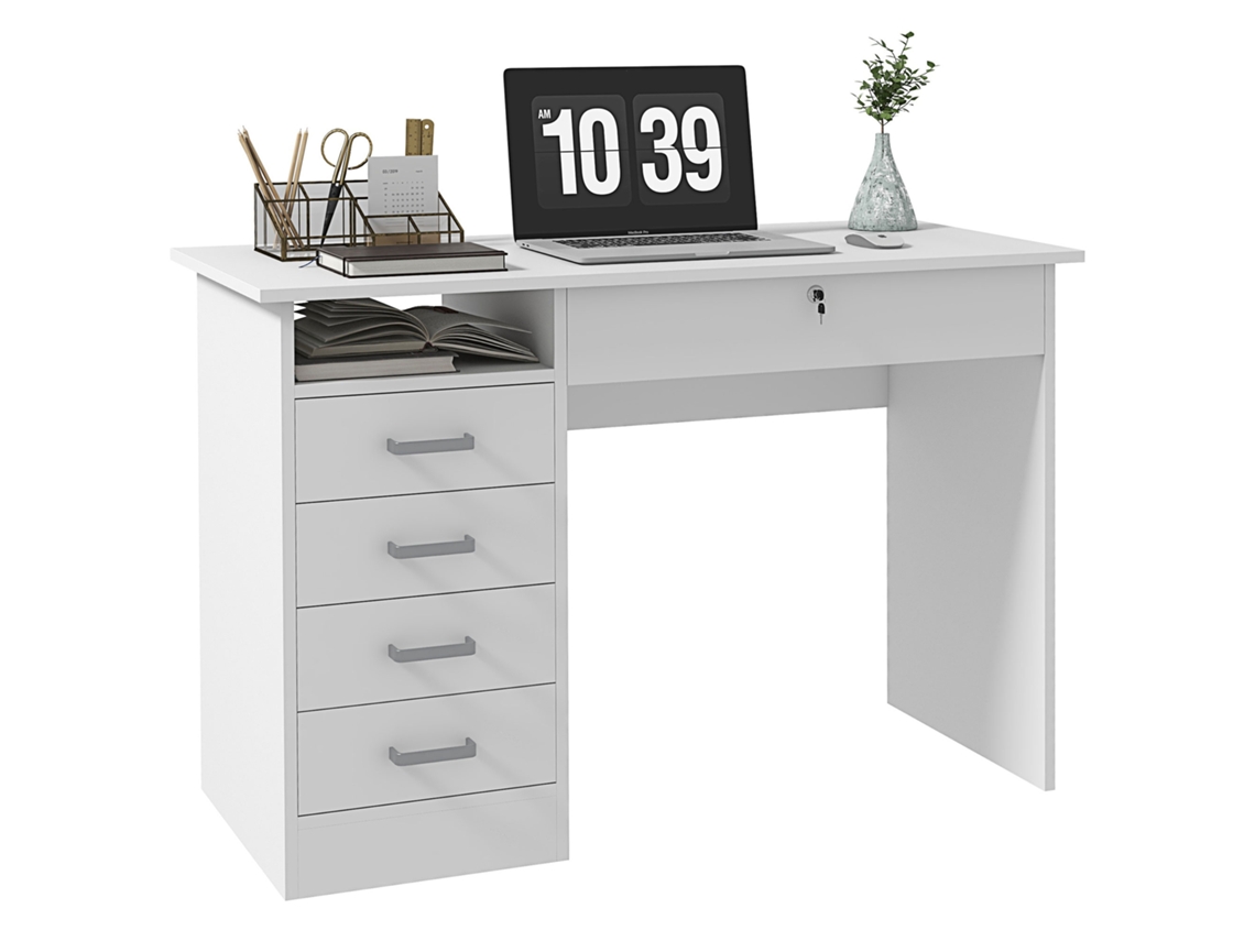 Escrivaninha Moderna Com 5 Gavetas, Tampo Amplo, 1 Compartimento Aberto, Gaveta Com Fechadura, 110 X 50 X 76 Cm, Branca