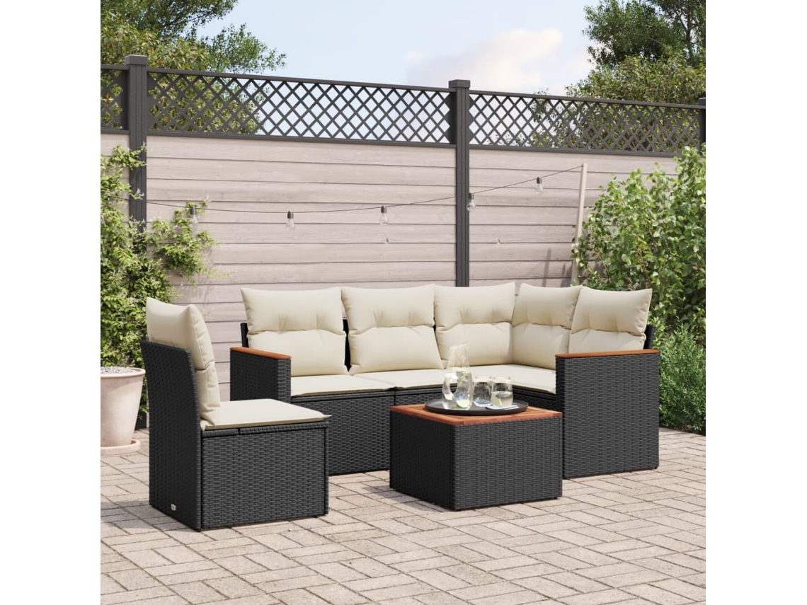 Vidaxl 6 Pcs Conjunto Sofás de Jardim C/ Almofadões Vime Pe Preto