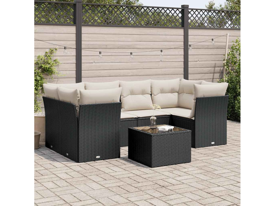 Vidaxl 7 Pcs Conjunto De Sofás P/ Jardim C/ Almofadões Vime Pe Preto