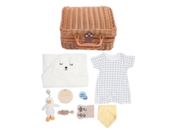Cesta De Presentes Para Bebê Com Roupa, Boneca, Rattle, Babador, Meias E Cartão De Saudação Branco