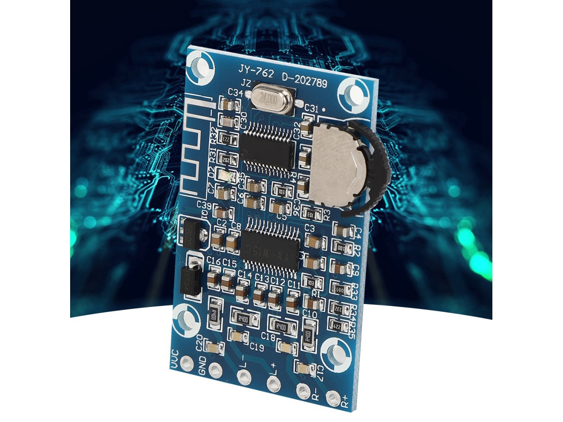 Módulo amplificador digital de 15 W com Bluetooth 5.0, amplificação estéreo e ajuste de volume.