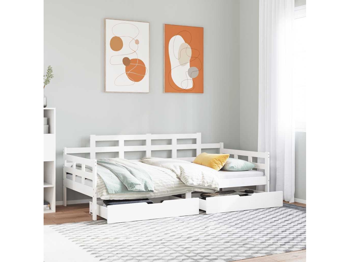 Vidaxl Sofá-cama C/ Gavetas 90x190 Cm Madeira De Pinho Maciça Branco
