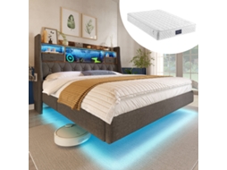 Cama Casal 140x200 Cm Com Led, Carregamento, Armazenamento E Colchão Cinza