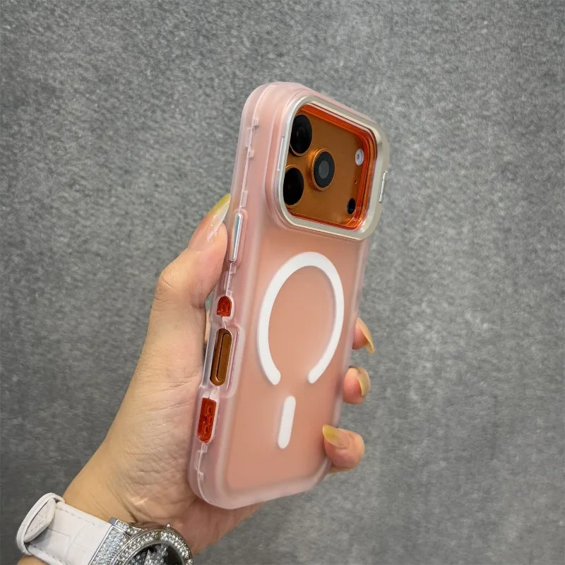 Capa Magnética Para Celular Com Suporte Para Lente (iphone 14 Plus Laranja), Acabamento Fosco, Resistente A Impactos.