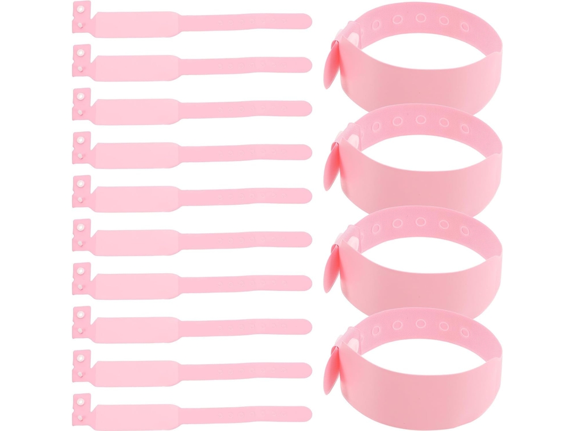 Pulseiras descartáveis de identificação hospitalar em PVC rosa, confortáveis e seguras, pacote com 100 unidades, ideais para recibos.