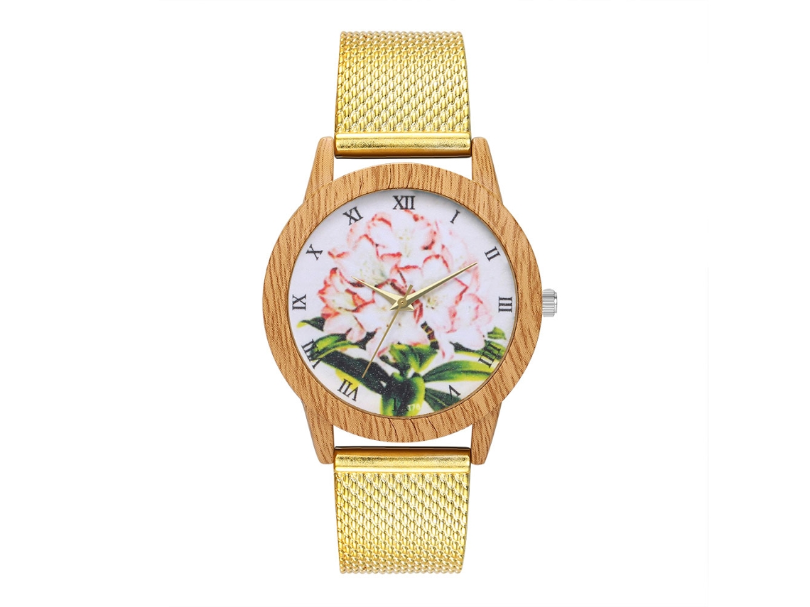 Relógio analógico de quartzo feminino e masculino com pulseira casual de malha dourada.