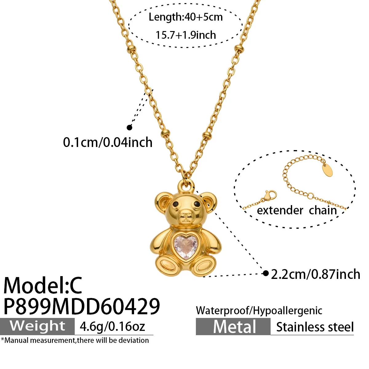 Pingente De Zircônia Em Formato De Urso, Colar À Prova D'água Banhado A Ouro 316l