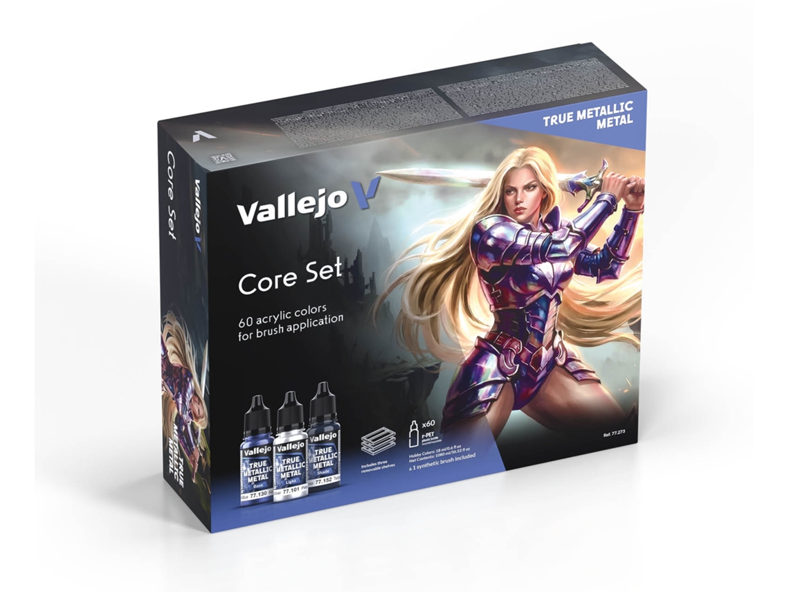 Conjunto VALLEJO True Metallic Metal Core Conjunto Completo de Tintas Metálicas para Miniaturas 60 Cores True Metallic Metal de 18ml + Pincel