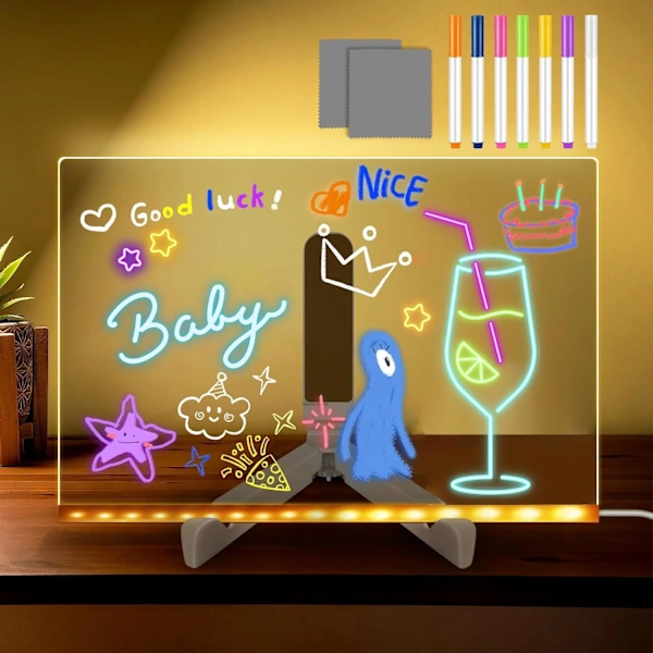 Quadro De Mensagens Led, Desenho Iluminado, Mágico Apagável Para Crianças Com 7 Canetas Neon, Meninas, 30 X 20 Cm Aquaforge