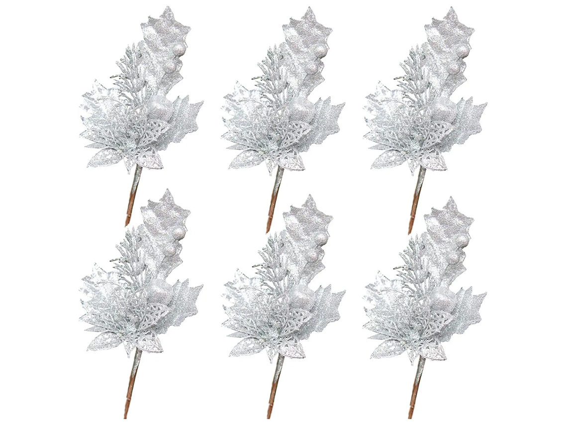 6 Pçs Decoração Glitter com Flores e Frutos Enfeite de Natal RNEMITERY