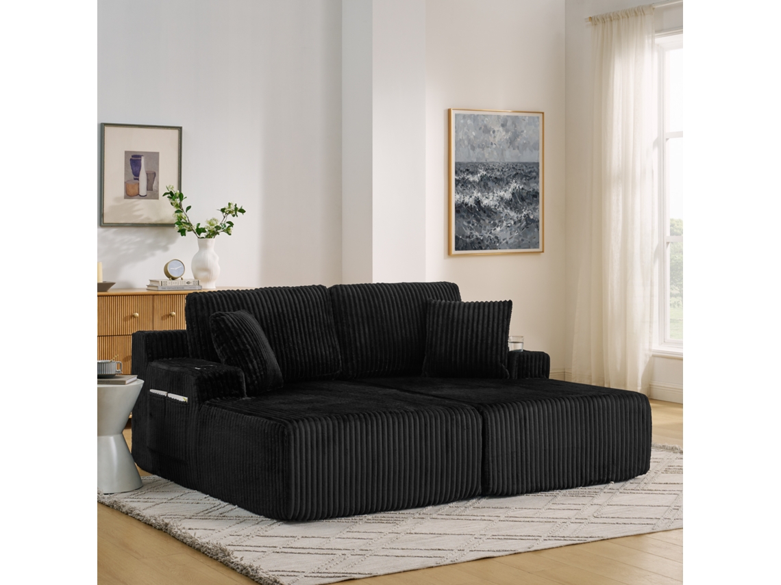Sofá cama 2 Lugares Veludo Cotelê Porta copos Bolsos Preto VOLTEDGE