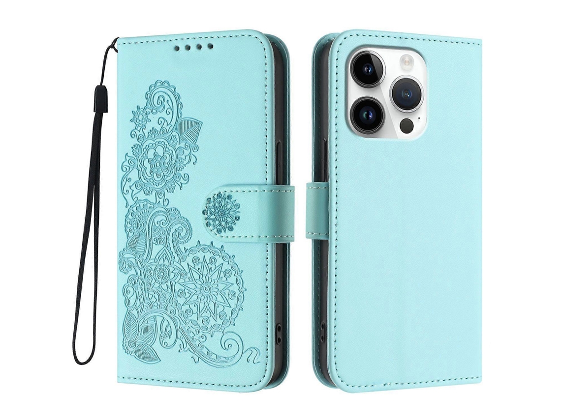 Capa De Celular Com Estampa De Mandala E Flor De Couro Para Iphone 16 Pro Com Alça