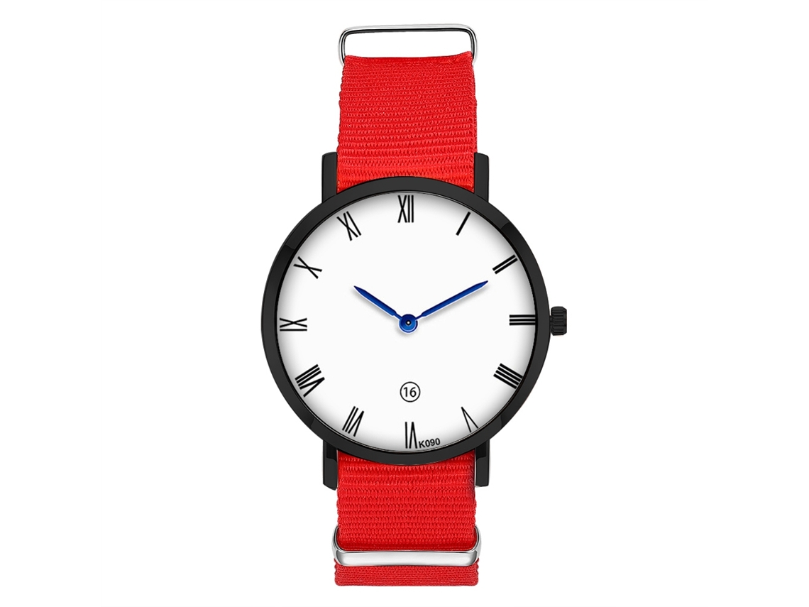 Relógio masculino Zhoulianfa, com mecanismo de corda manual em nylon, mostrador redondo e quartzo vermelho.