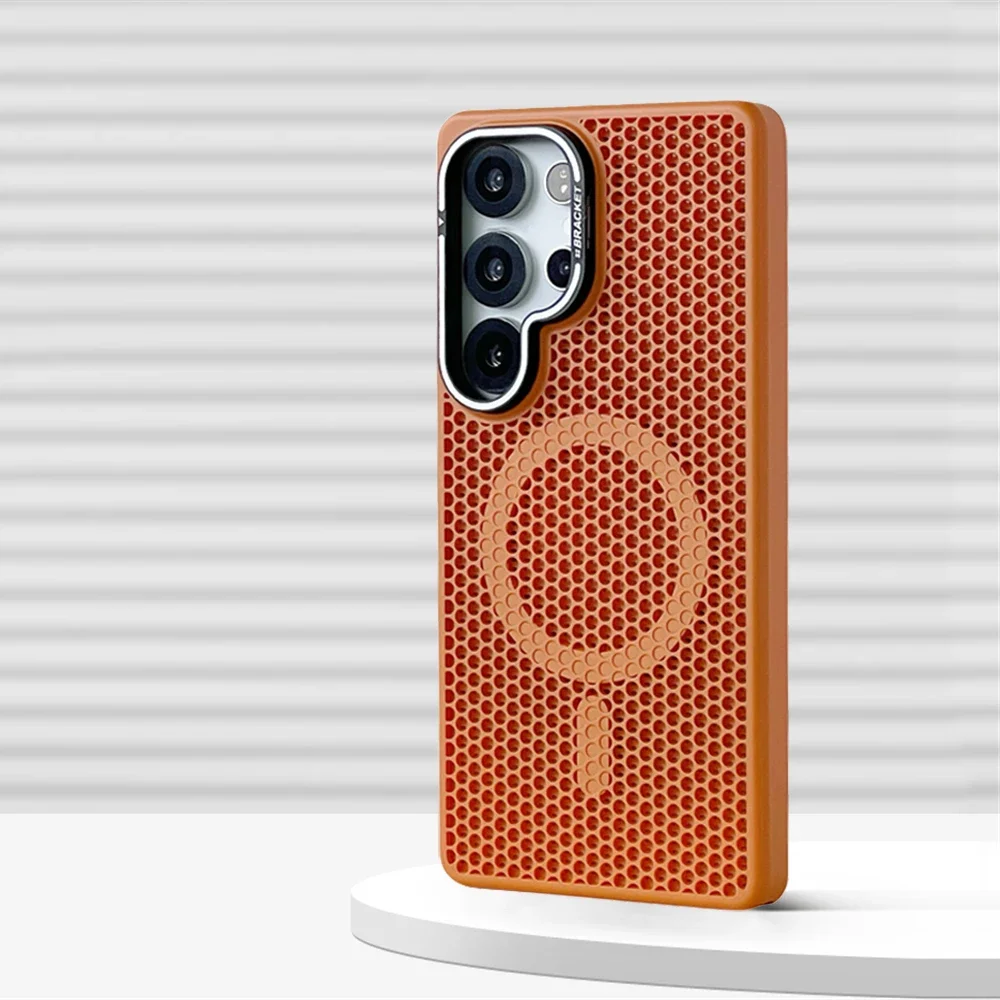 (laranja Samsung S23) Capa Protetora Magnética Com Dissipação De Calor Em Malha E Suporte Para Lente
