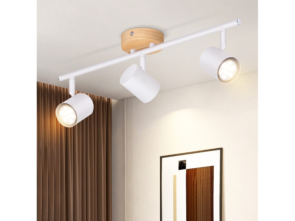 Nettlife Candeeiro De Teto Com Focos E Parede 3 Luzes Branco Gu10 Madeira Giratório, Orientáveis, Em Metal E Madeira, Para Sala, Quarto