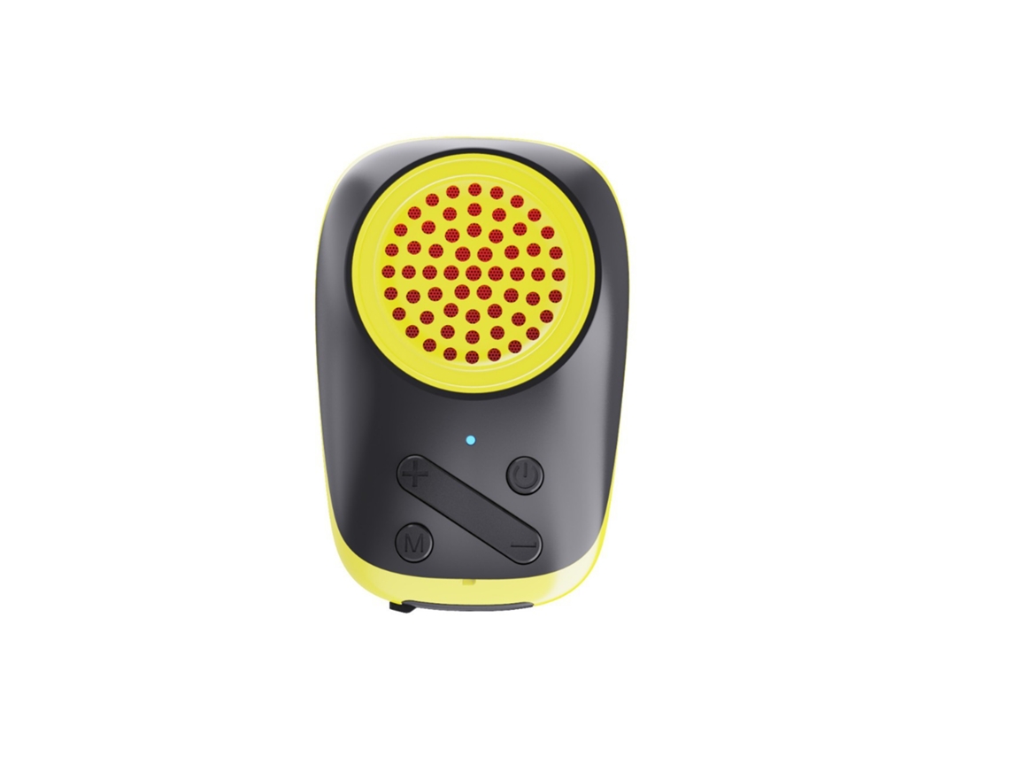 (amarillo) Altavoz Bluetooth compacto con clip magnético en la parte posterior.