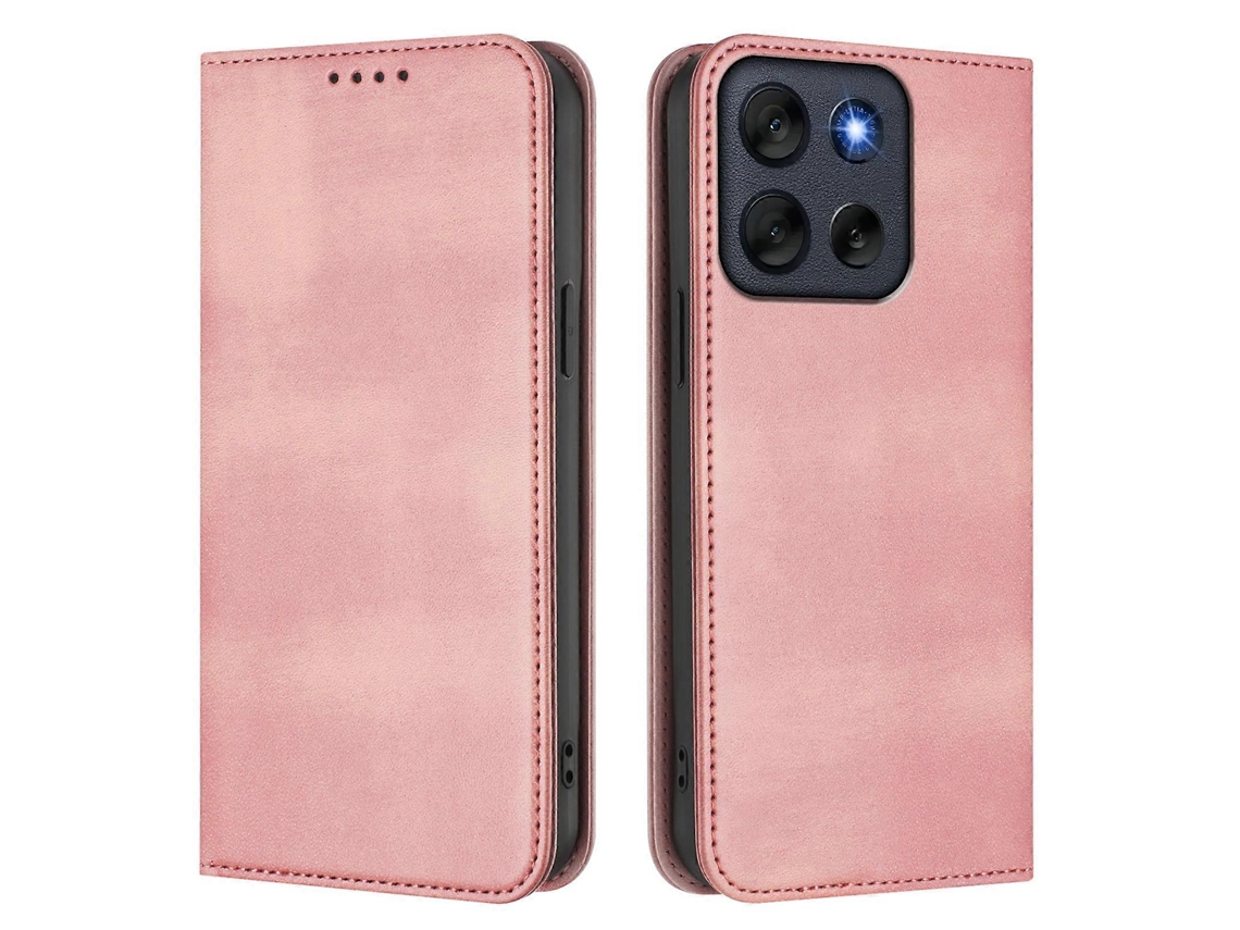 Capa Tipo Carteira Para Motorola Moto G56 5g, Textura Retrô, Com Bloqueio Rfid, Em Couro, Rosa
