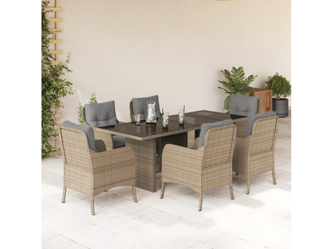 Vidaxl 7 Pcs Conjunto de Jantar P/ Jardim com Almofadões Vime Pe Bege