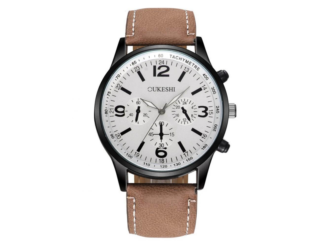 Relógio de pulso masculino analógico de quartzo com pulseira clássica casual em PU (marrom e branco)