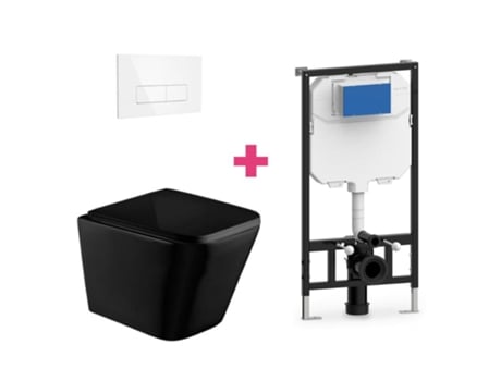 Conjunto de vaso sanitário suspenso de cerâmica preta fosca Aquore com cisterna retangular branca e botão de descarga
