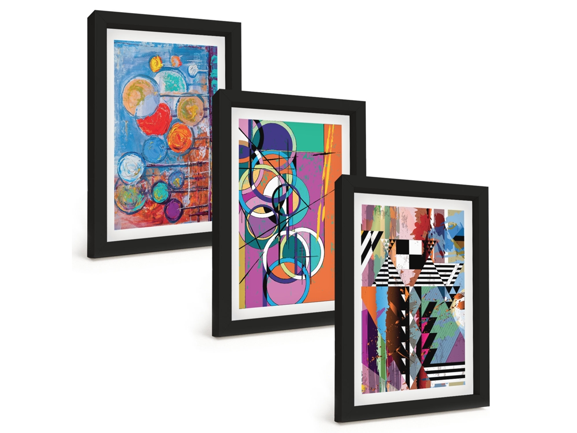 Composição De Quadros Círculos Abstratos Coloridos, Geometria Espelharte (3 Peças 20x30 Cm)