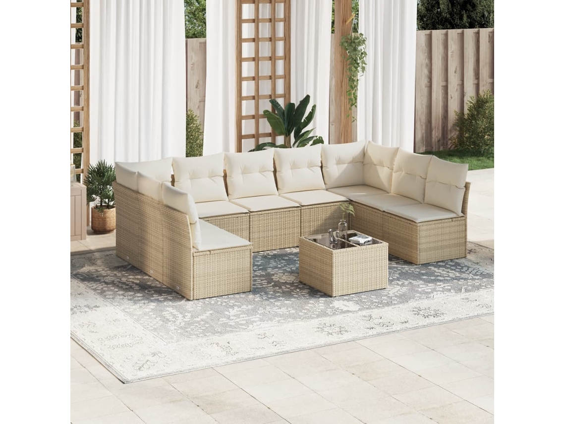 Vidaxl 10 Pcs Conjunto De Sofás P/ Jardim Com Almofadões Vime Pe Bege