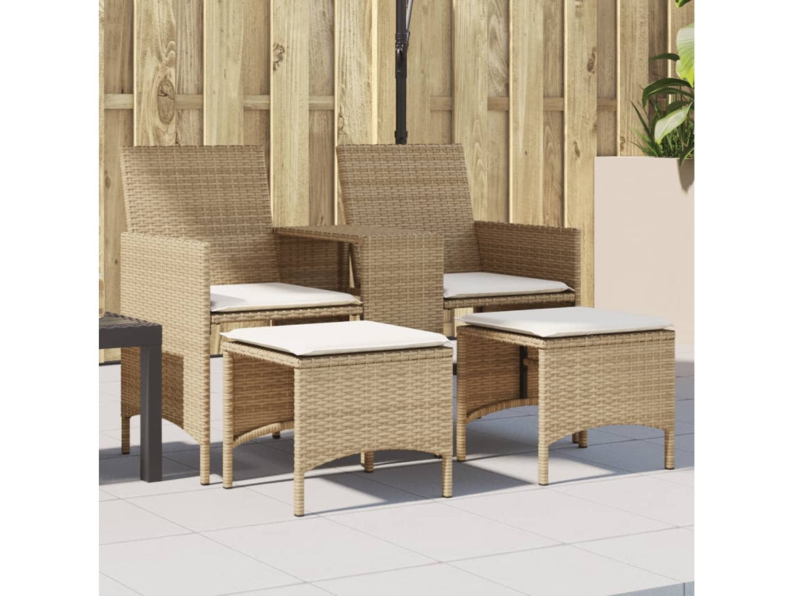 Vidaxl Sofá De Jardim De 2 Lugares Com Mesa E Bancos Vime Pe Bege