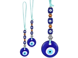Conjunto 3 Pingentes Cordão Metálica Vidro Amuleto Sorte Decoração Pendurar Olho Azul Liga GOKOCO