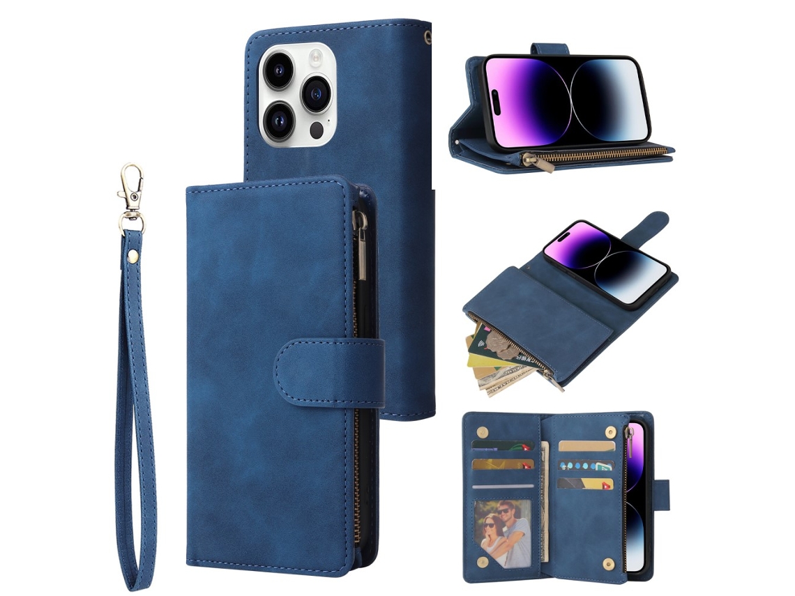 Capa Quedas Para Iphone 15 Pro Max Pele Sintética Com Porta-cartões Azul