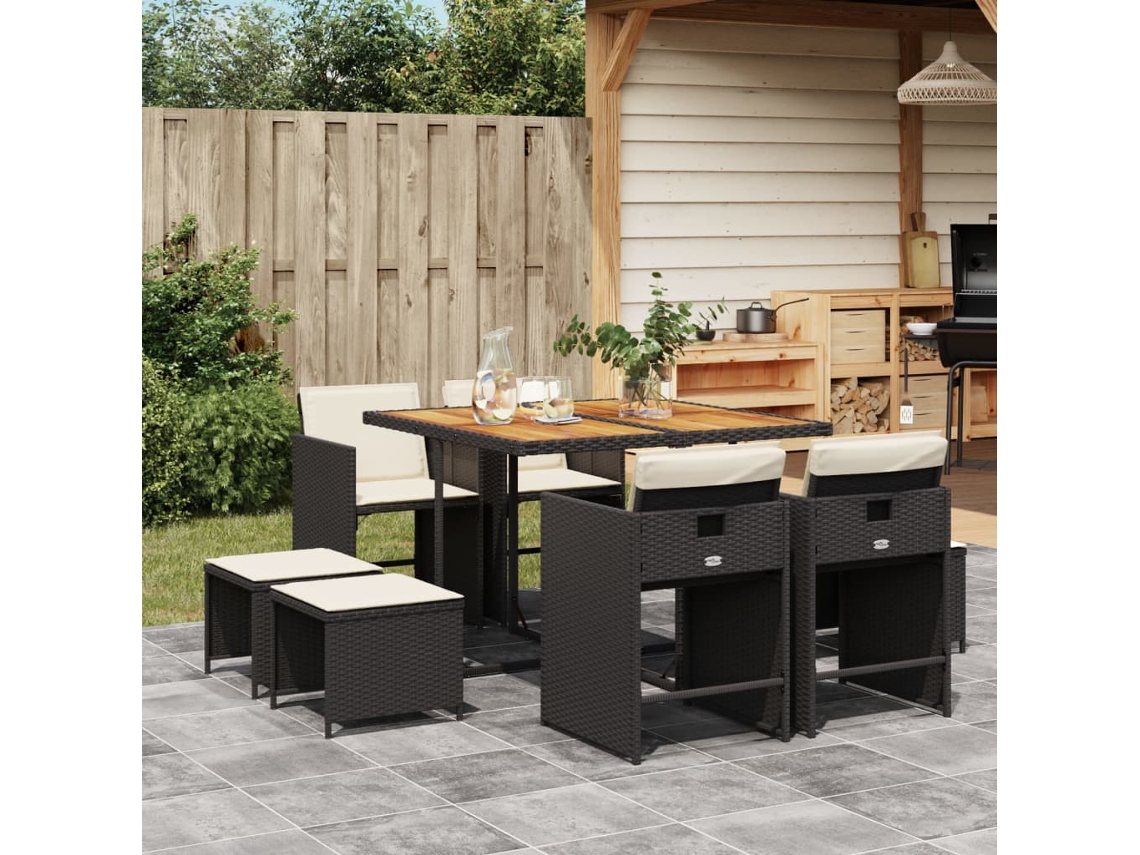Vidaxl 9 Pcs Conjunto De Jantar P/ Jardim C/ Almofadões Vime Pe Preto