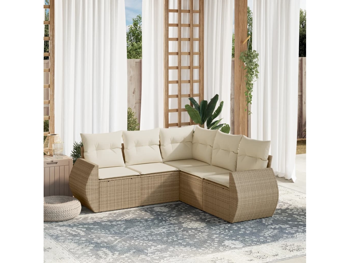 Vidaxl 5 Pcs Conjunto De Sofás P/ Jardim Com Almofadões Vime Pe Bege