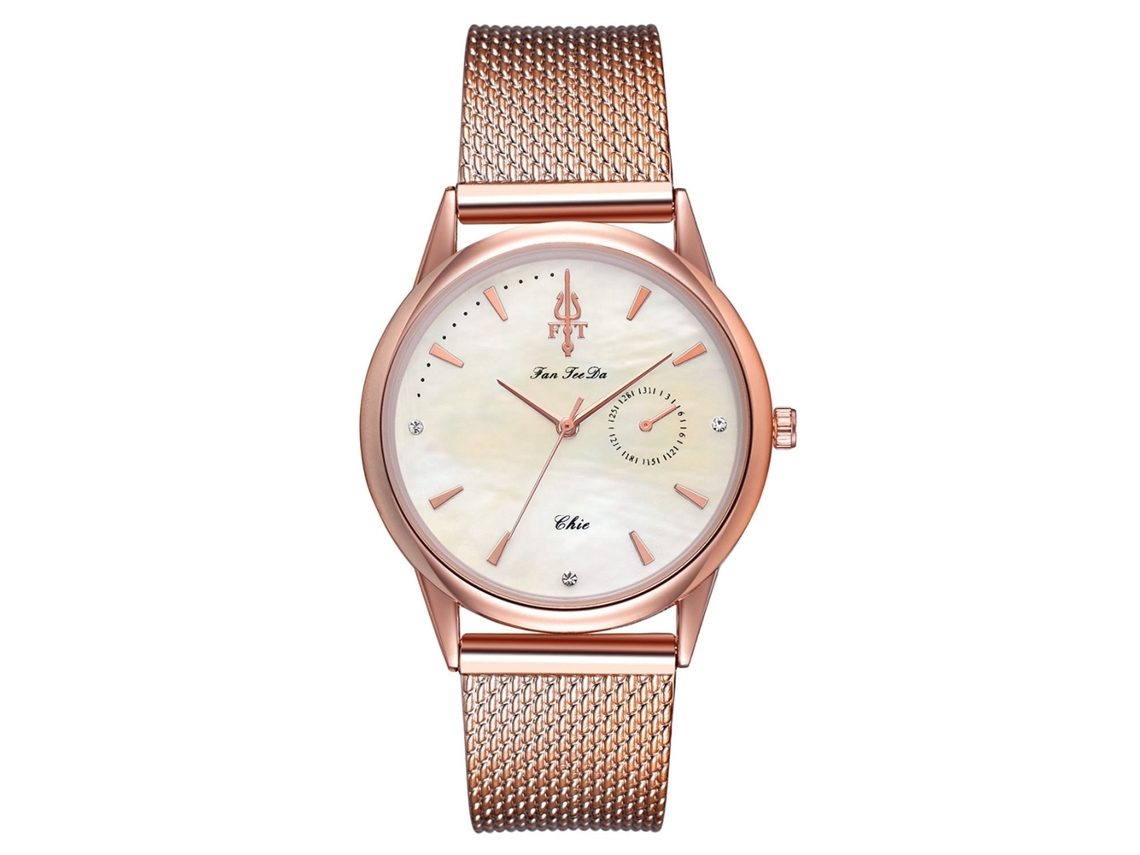 Relógio de Pulso Feminino Casual com Display Analógico Rosa Dourado Quartzo Elegante