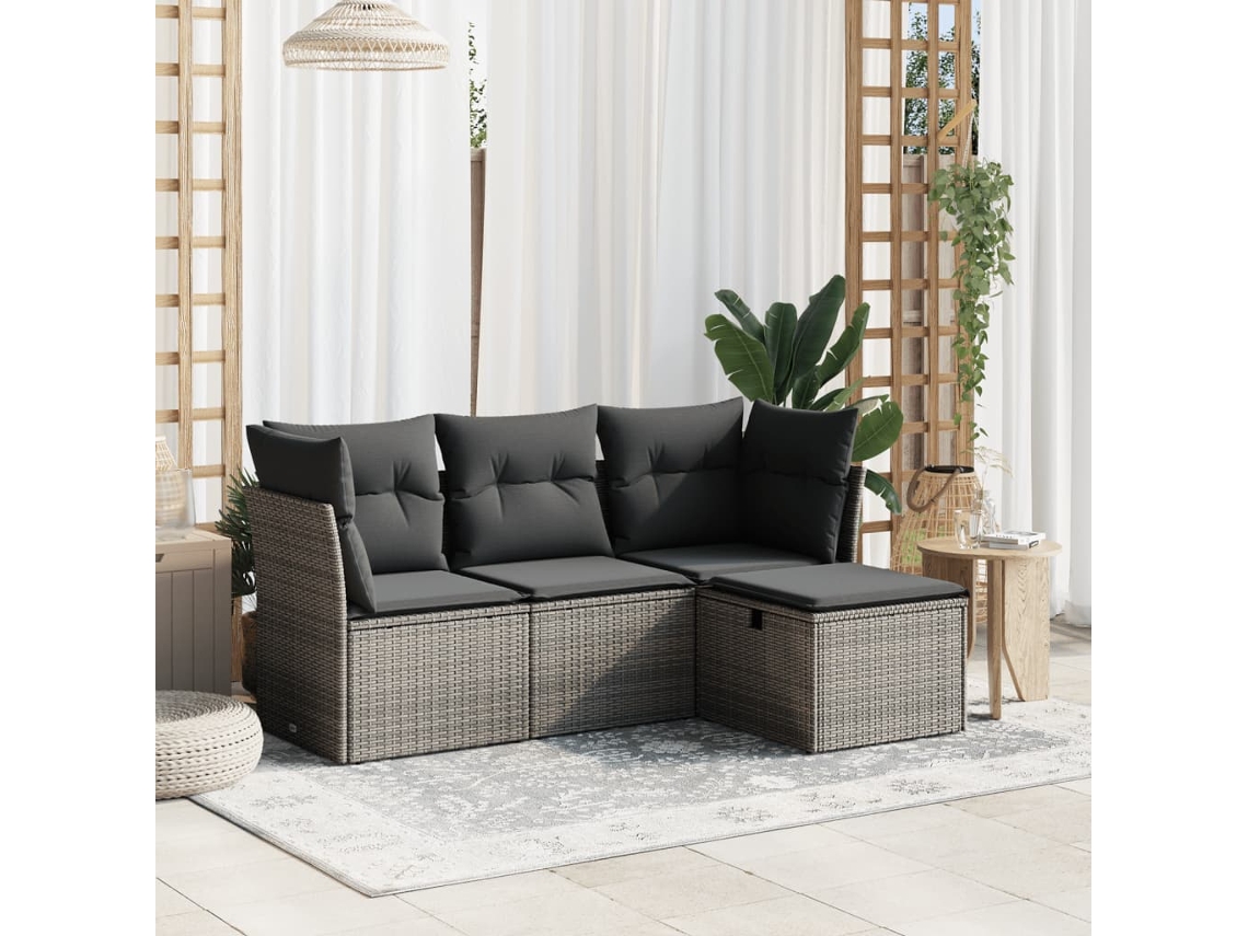 Vidaxl 4 Pcs Conjunto Sofás De Jardim C/ Almofadões Vime Pe Cinzento