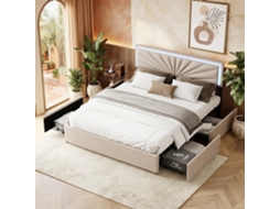 Cama De Casal De 160 X 200 Cm Com 4 Gavetas, Cabeceira Com Fita De Led, Cama Estofada Com Amplo Espaço De Arrumação, Em Linho, Cor Bege,simurq