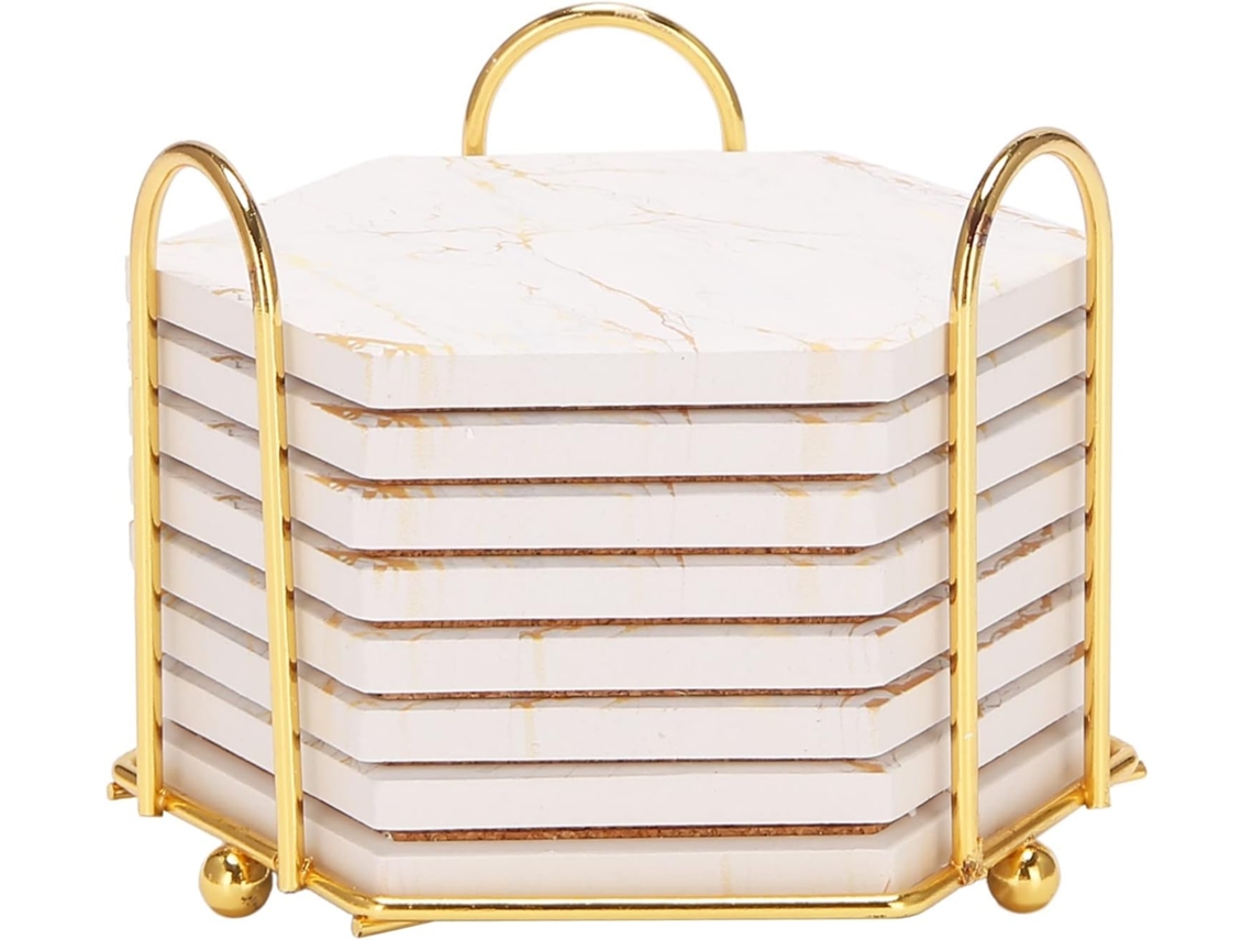 Conjunto De 8 Porta Copos Absorventes Com Suporte, Design De Mármore, Em Cerâmica, Superabsorventes Gokoco