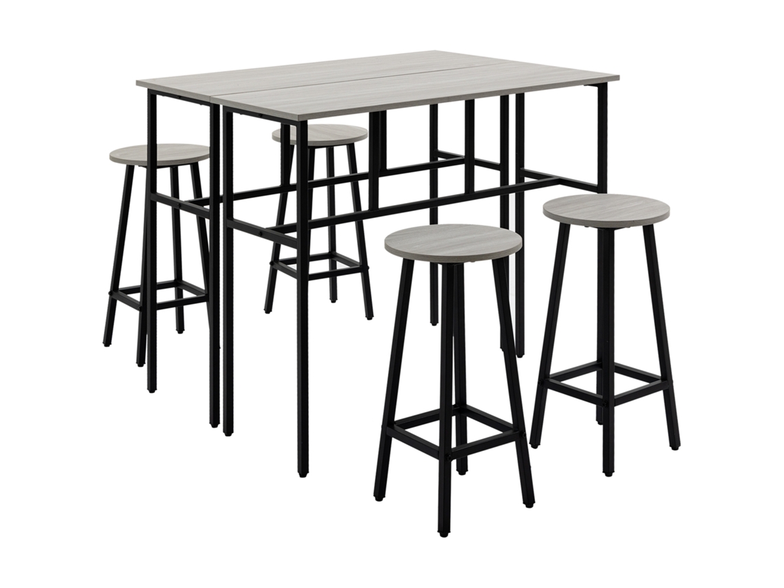 Conjunto Jantar 6 Peças 2 Mesas Bar 4 Banquetas Industrial Aglomerado Aço Cinza Preto