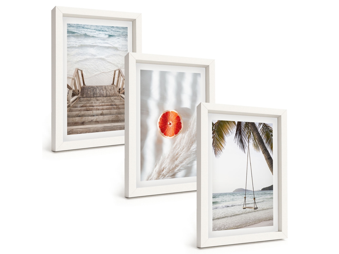 Conjunto De Quadros Com Moldura Férias Em Escada De Madeira Na Praia Moldura Branca Fotos Para O Escritório Espelharte (3 Peças 20x30 Cm)